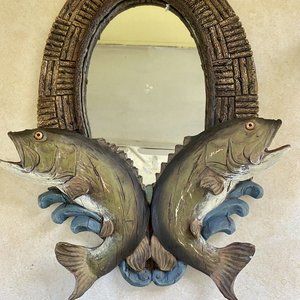 Ceramic Wall Hanging Mirror with 2 Bass Fish,  Oval Mirror, 16 x 11